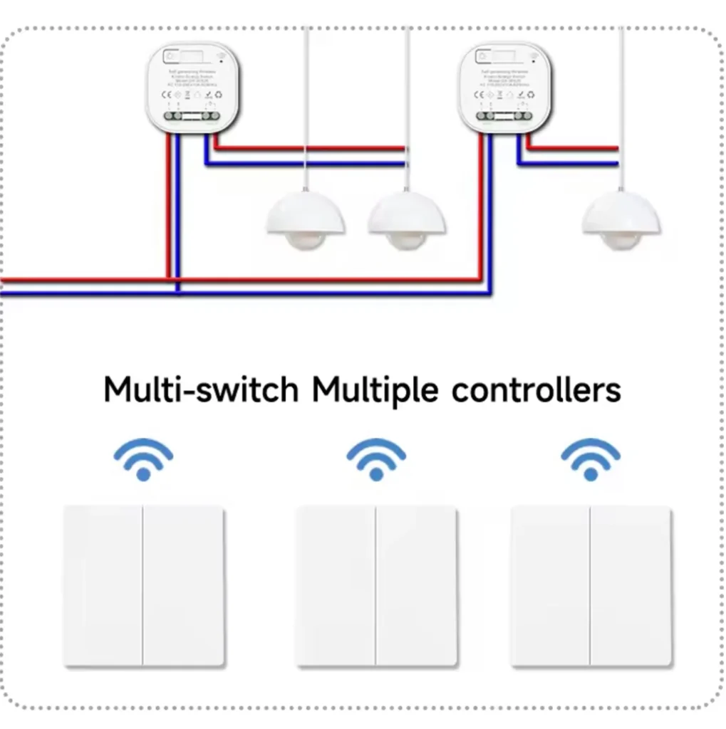Complex wireless lighting schematic showing multiple QX-302FS kinetic switches connected to QX-305JS receivers