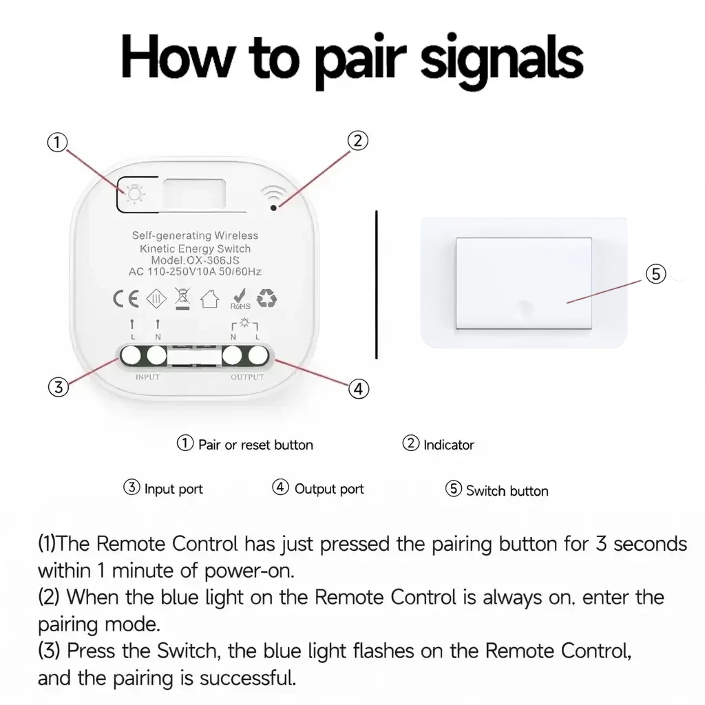 RF signal pairing tutorial diagram for X-Lazy QX-309FS kinetic switch and QX-305JS receiver