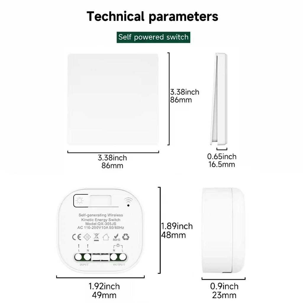 Dimension diagram for US QX-302FS kinetic switch and QX-305JS wireless receiver