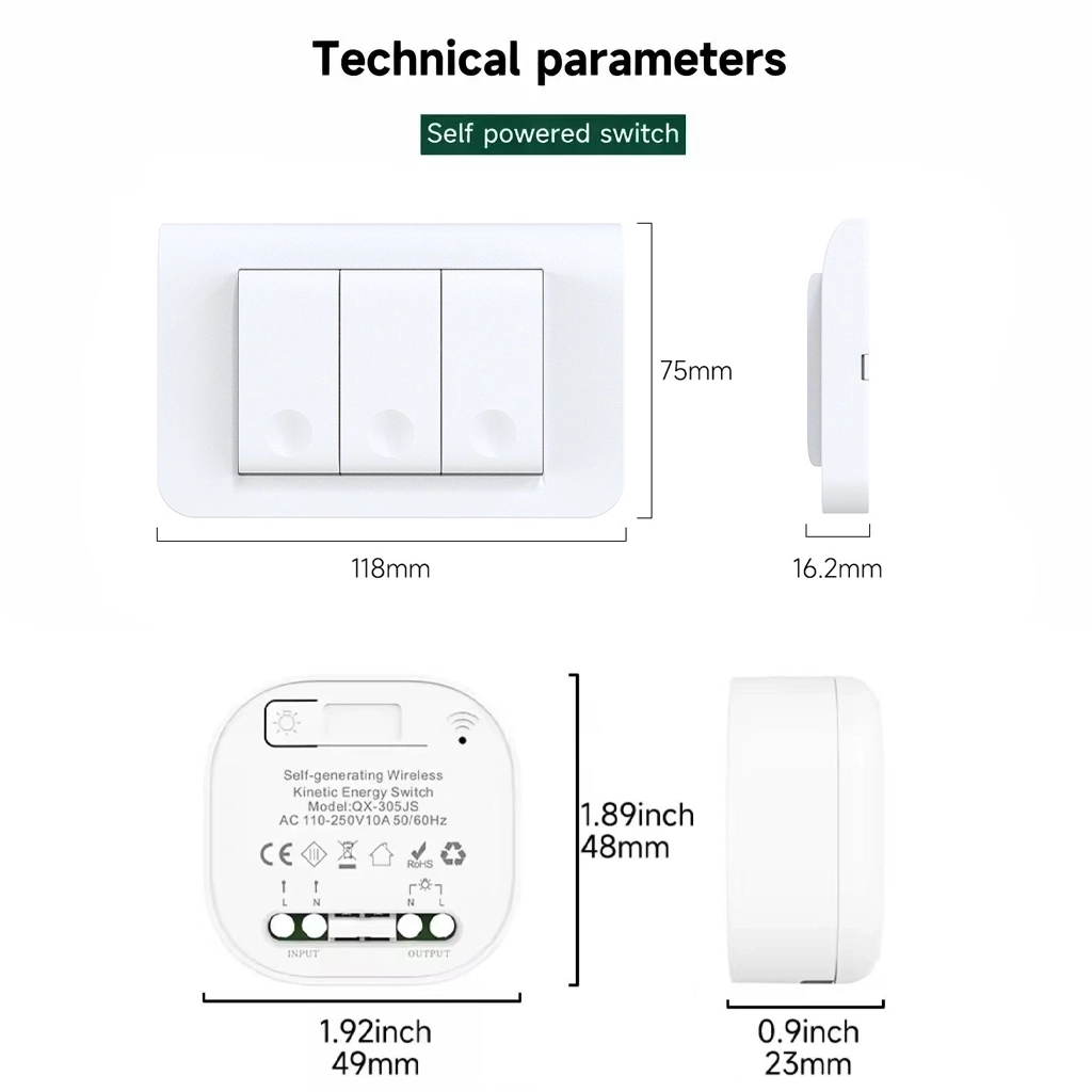 Dimension diagram for US QX-309FS kinetic switch and QX-305JS wireless receiver