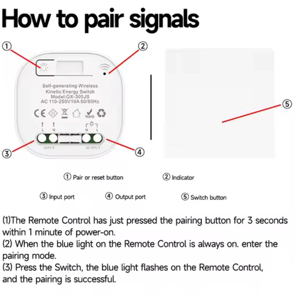 RF signal pairing tutorial diagram for X-Lazy QX-302FS kinetic switch and QX-305JS receiver