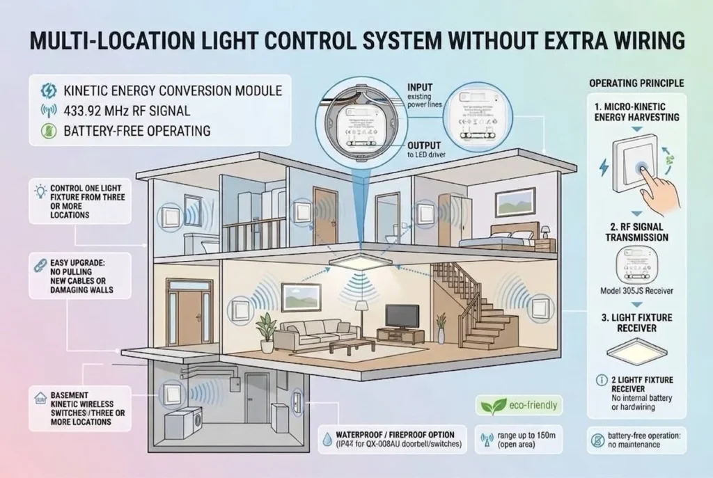 Infographic showing multi-location light control system setup without extra wiring using IP44 waterproof kinetic wireless switches.