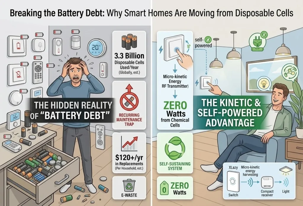 Comparison diagram showing the "Battery Debt" trap with disposable cells versus the "Kinetic & Self-Powered Advantage" using X-Lazy battery-free smart home devices.⁠