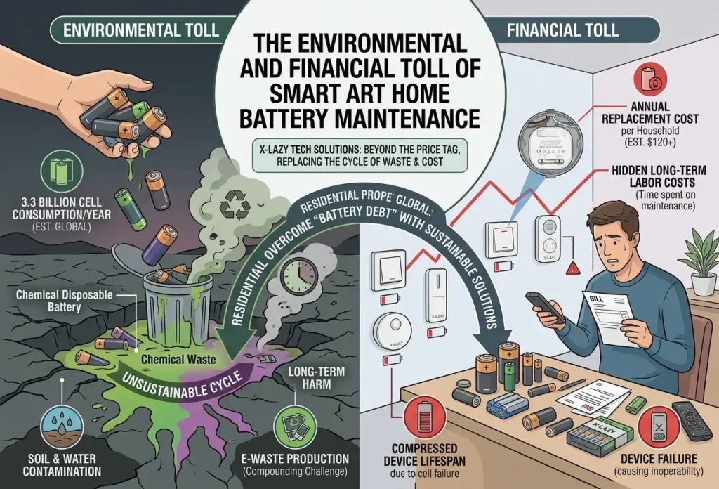 Infographic detailing the environmental and financial toll of smart home battery maintenance, comparing chemical e-waste with X-Lazy kinetic energy solutions.