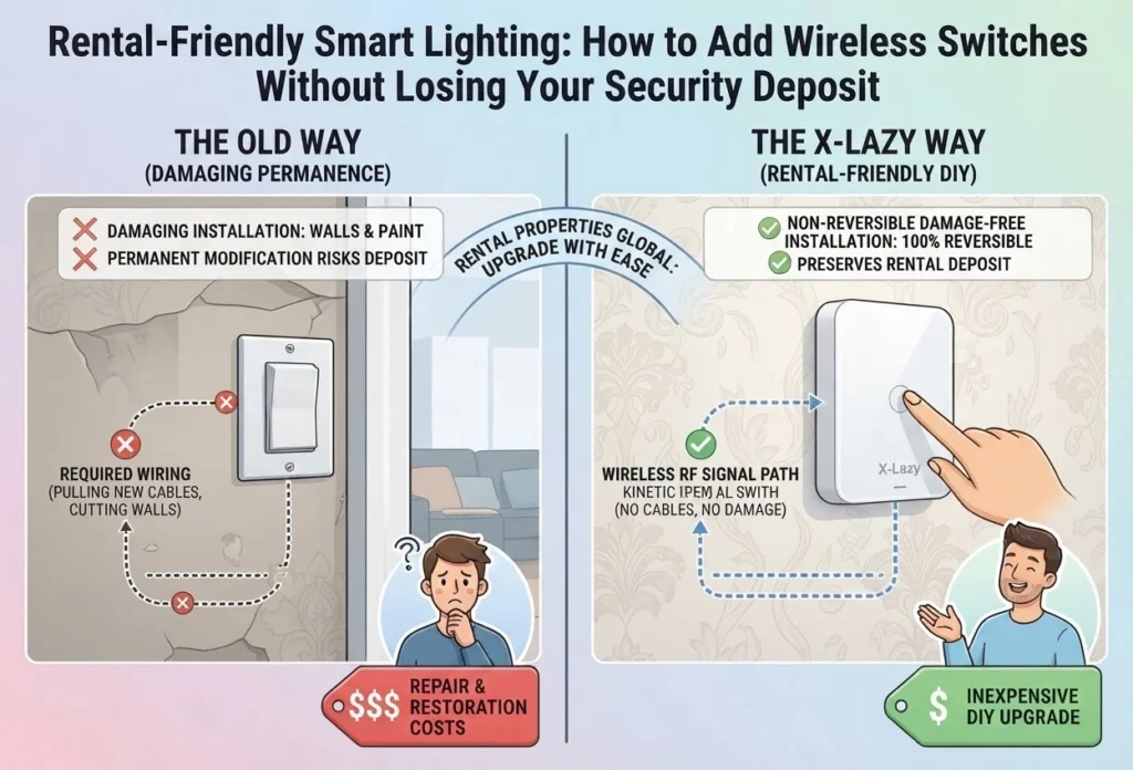 Comparison infographic for rental-friendly smart lighting, contrasting damaging traditional wiring with 100% reversible X-Lazy kinetic wireless switches that protect your security deposit.
