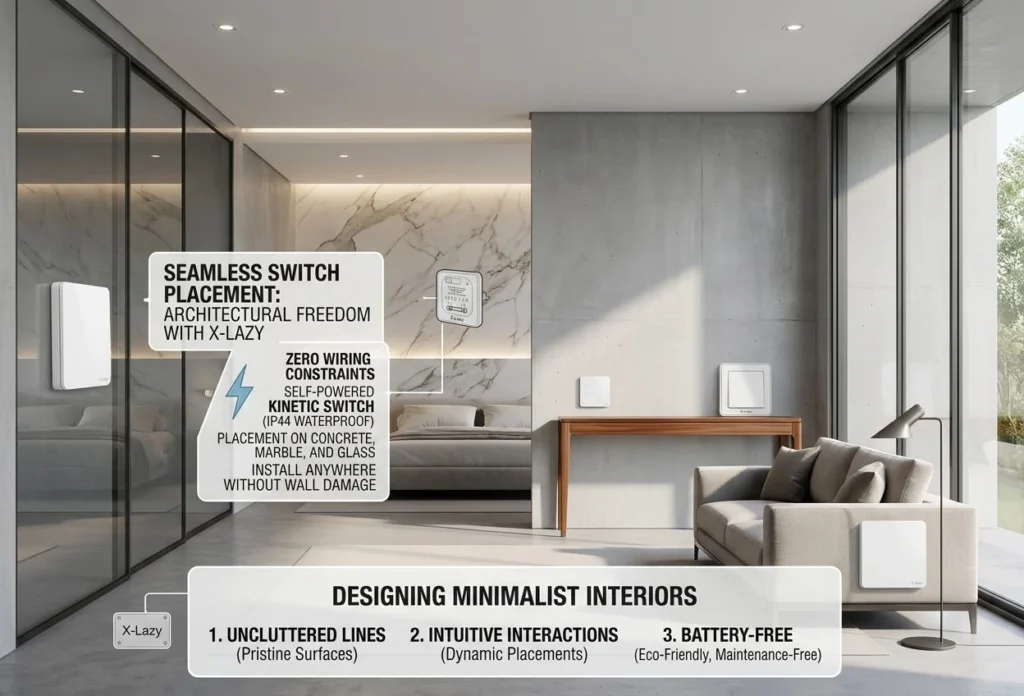 Modern minimalist interior showing flexible X-Lazy wireless kinetic switch placement on glass partitions, concrete walls, and marble surfaces without wiring.