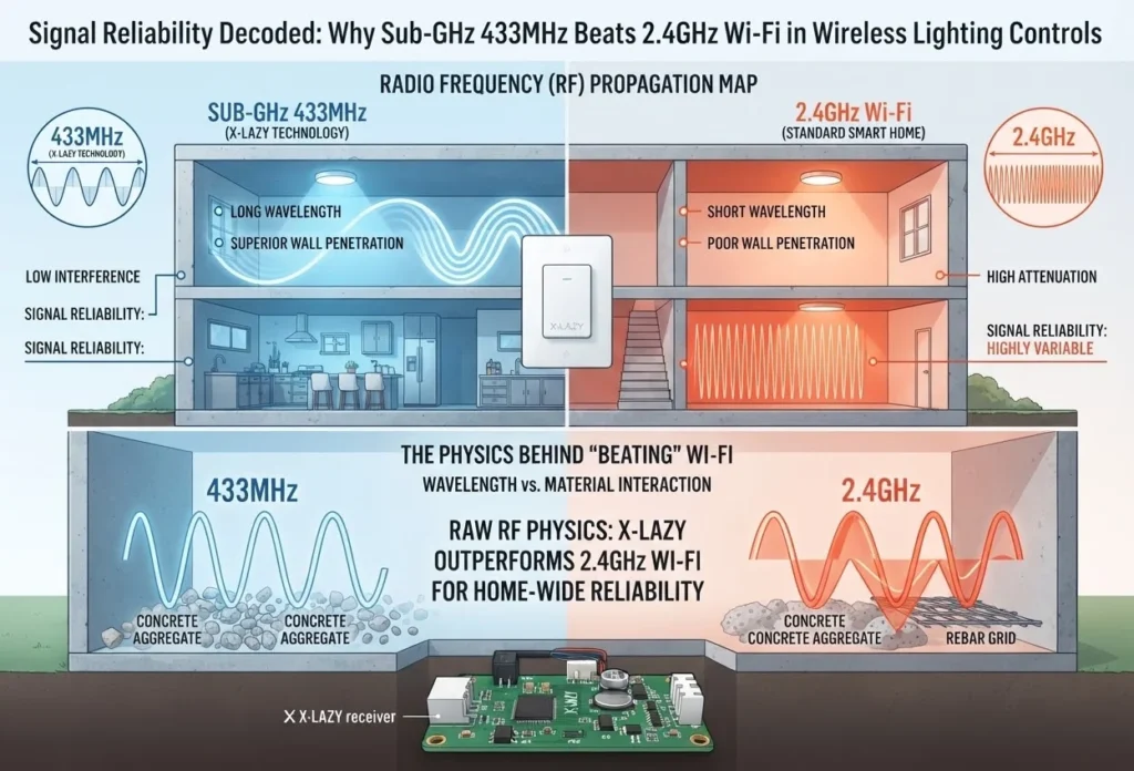 RF physics comparison infographic showing how X-Lazy Sub-GHz 433MHz signals provide superior wall penetration and reliability compared to 2.4GHz Wi-Fi in smart lighting controls.