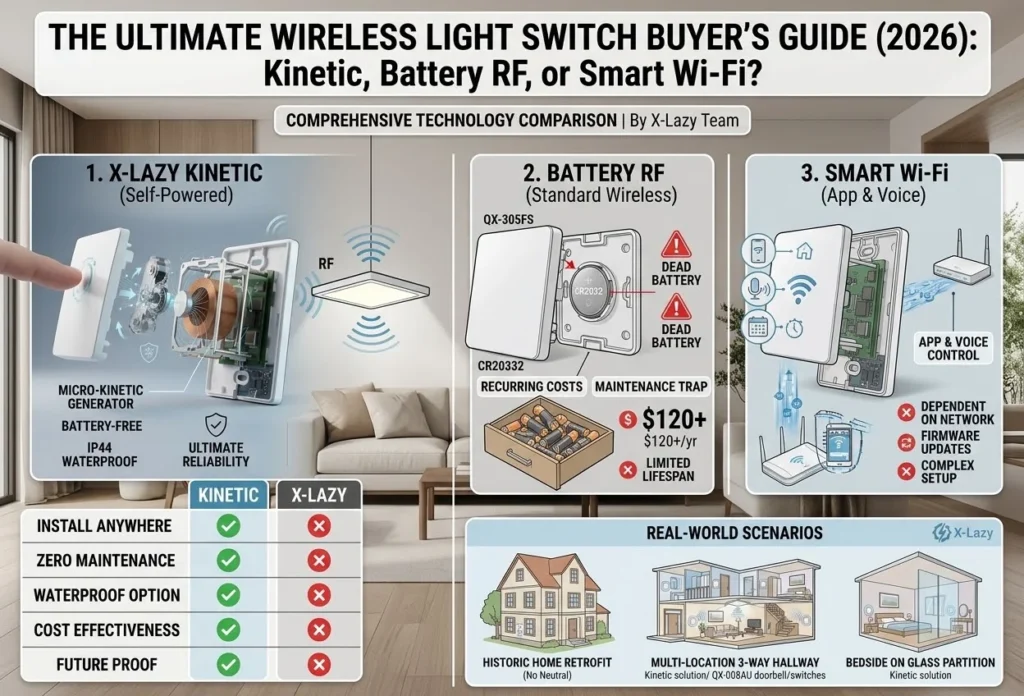 Comparison infographic detailing 2026 wireless switch technologies: X-Lazy self-powered kinetic, standard battery RF, and smart Wi-Fi, highlighting reliability and costs.