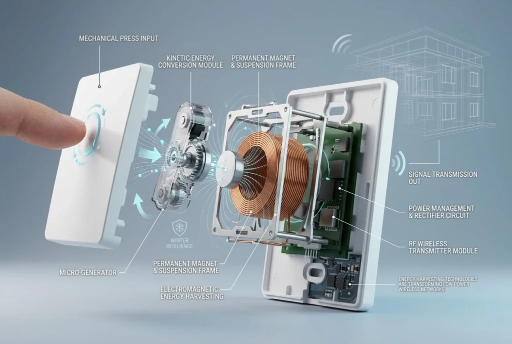 3D diagram illustrating micro-kinetic energy harvesting mechanism inside a battery-free kinetic switch.⁠