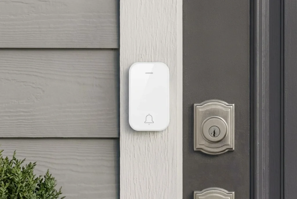 X-Lazy QX-008AU IP65 waterproof kinetic wireless doorbell with IP67 rating and fireproof enclosure, wall mounted by front door.⁠