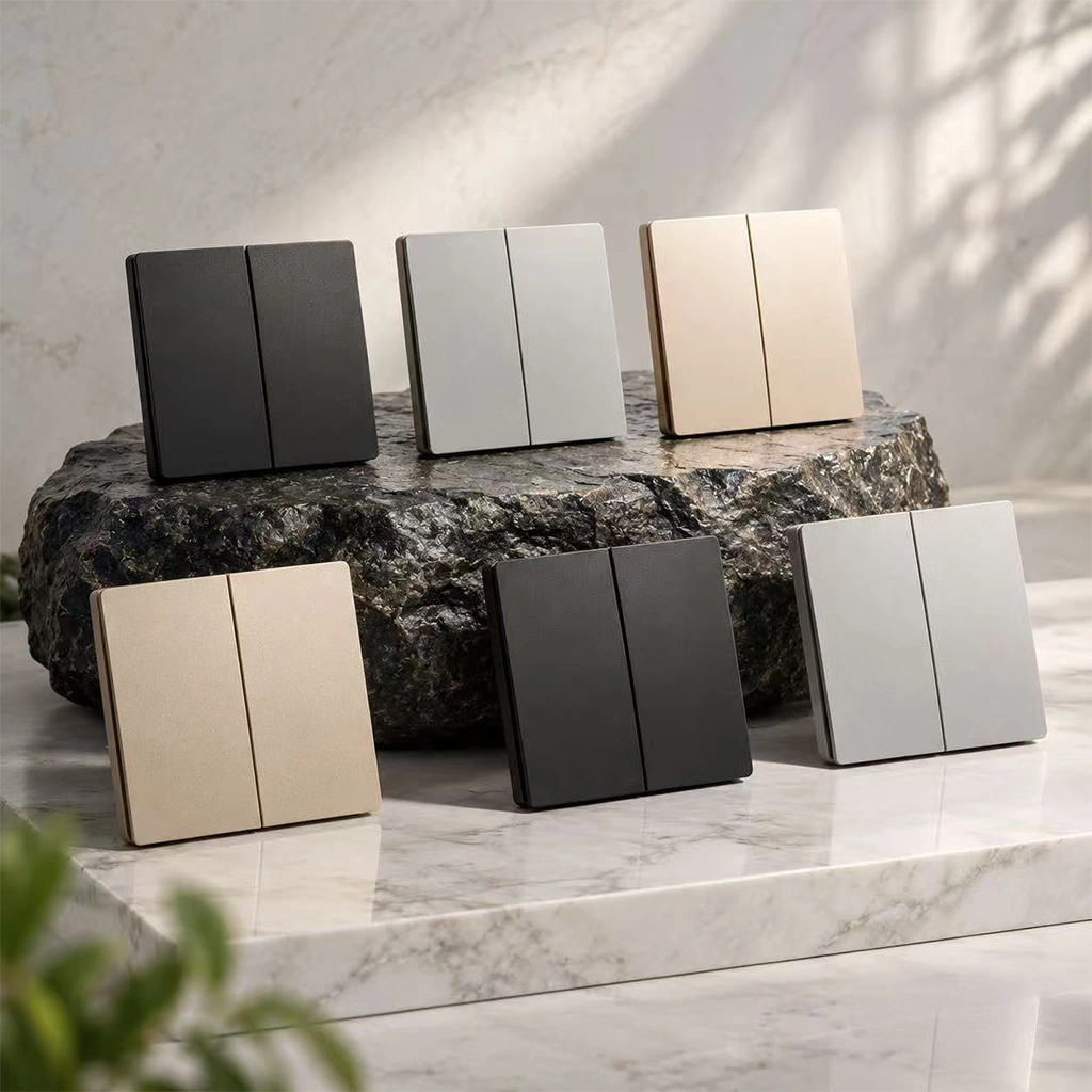 X-Lazy multi-bedroom bedside dual-control smart kit featuring 302FS-2G-2V2 battery-free kinetic wireless light switches displayed on marble and stone.⁠