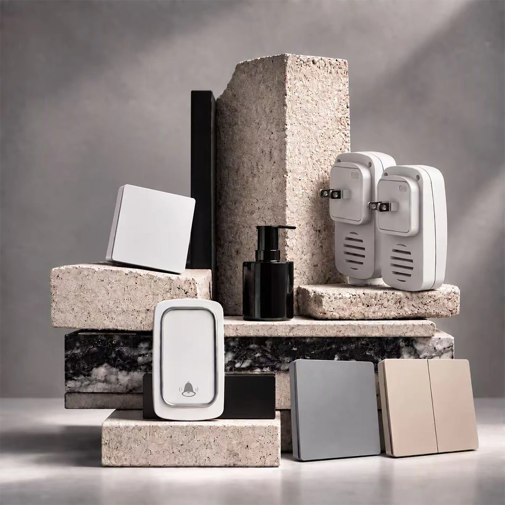 ⁠X-Lazy multi-floor duplex smart home kit featuring 302FS and QX-001 battery-free kinetic wireless light switches and self-powered doorbells.⁠