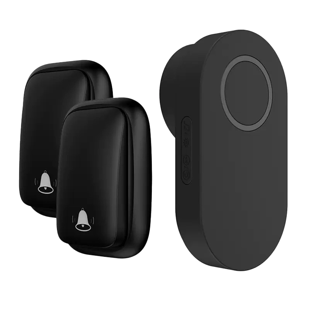 X-Lazy black QX-002J9 battery-free kinetic self-powered wireless doorbell kit featuring two transmitter buttons and one plug-in receiver.⁠