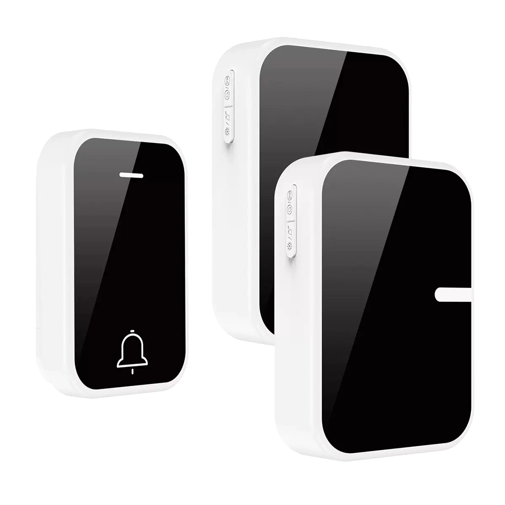 X-Lazy Panda style QX-008 battery-free kinetic self-powered wireless doorbell kit featuring one transmitter button and two plug-in receivers.⁠