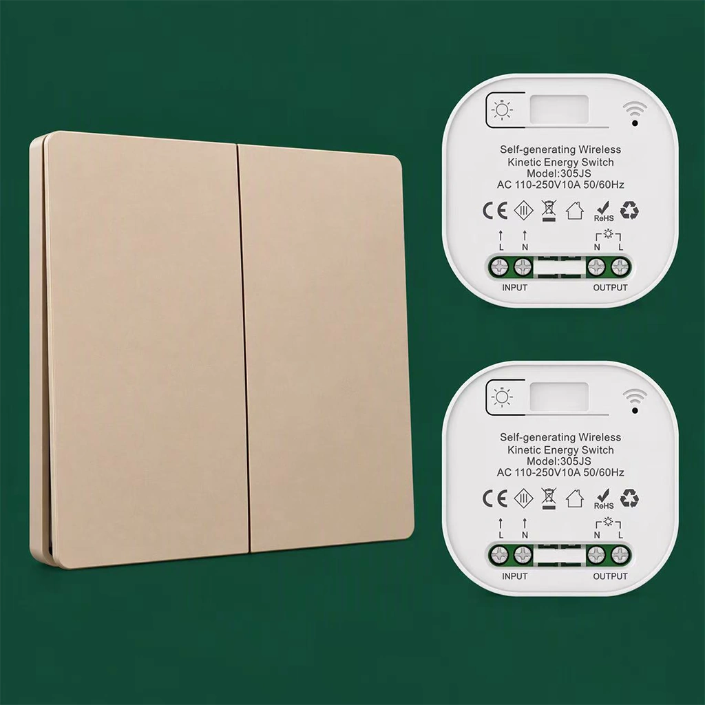 X-Lazy 302FS gold 2-gang kinetic wireless switch with 2 x 305JS controller receiver kit, battery-free self-powered light switch.⁠