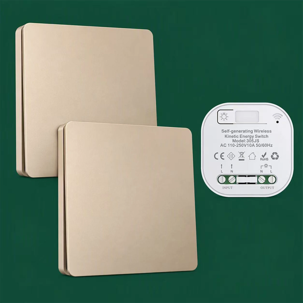 X-Lazy 305FS gold 1-gang kinetic wireless switches 2-pack with 305JS controller receiver kit for 3-way light control, battery-free.⁠