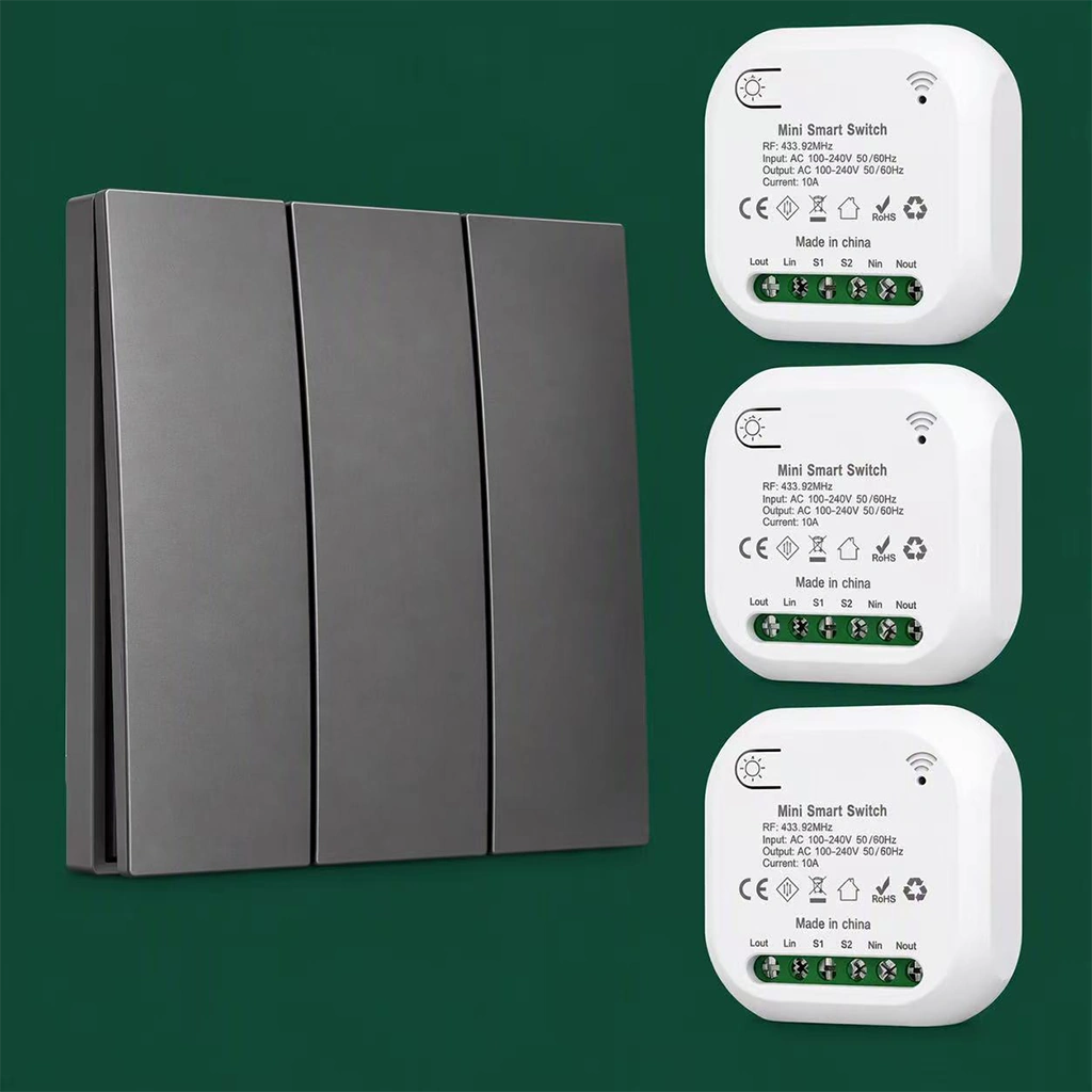 X-Lazy shadow gray 308FS 3-gang kinetic switch with three 306JS mini wireless receivers⁠