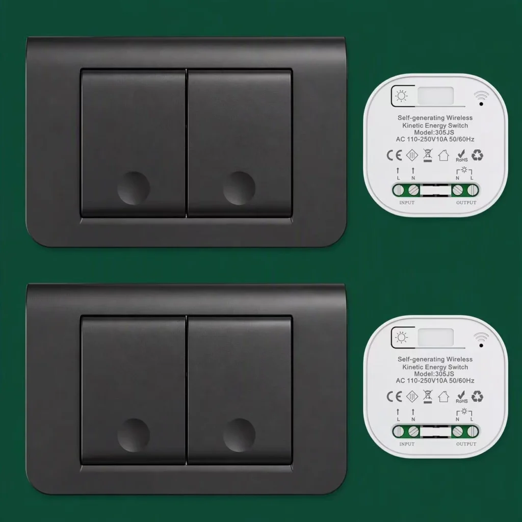 X-Lazy matte black QX-309FS dual 2-gang battery-free kinetic switches paired with two 305JS mini smart receiver relays.⁠