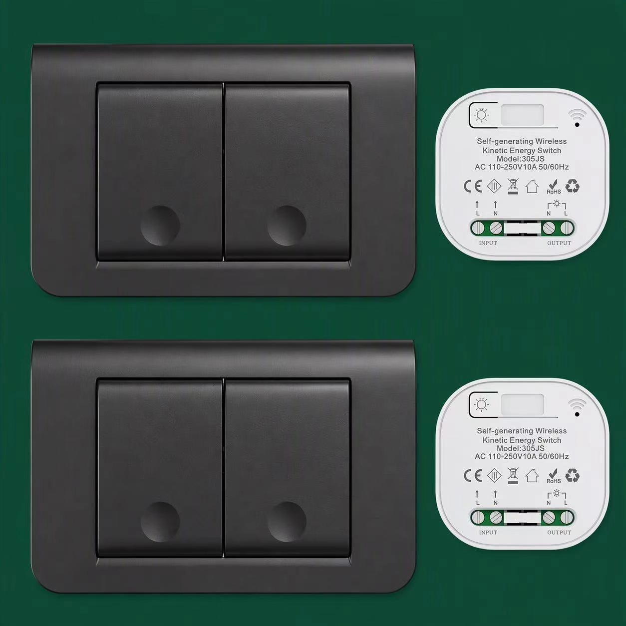 X-Lazy matte black QX-309FS dual 2-gang battery-free kinetic switches paired with two 305JS mini smart receiver relays.