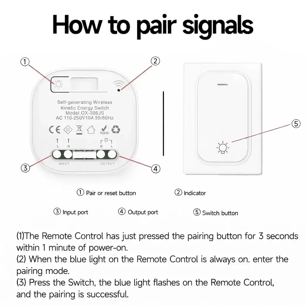 Signal pairing instruction diagram for X-Lazy wireless kinetic self-powered switch (QX-303CX and QX-12070CX) and 305JS receiver showing step-by-step programming method.