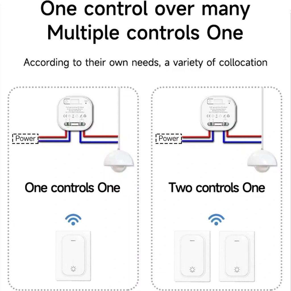 Wiring diagram and pairing configuration chart for X-Lazy kinetic self-powered wireless switches (QX-303CX and QX-12070CX) with 305JS receiver showing one-to-one and multi-way lighting control setups.