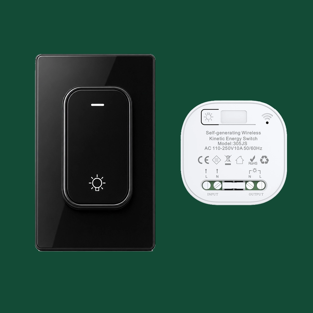 X-Lazy QX-12070CX black 1-gang US standard magnetic kinetic self-powered wireless light switch with a 120x70mm wall plate alongside a white 305JS receiver module on a plain white background.⁠