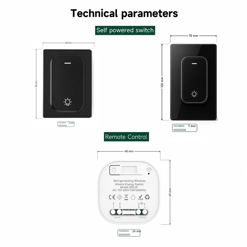 Technical dimension diagram of X-Lazy black magnetic kinetic self-powered switch QX-303CX 86x60mm compact base and QX-12070CX 120x70mm US standard base with 305JS wireless receiver module.